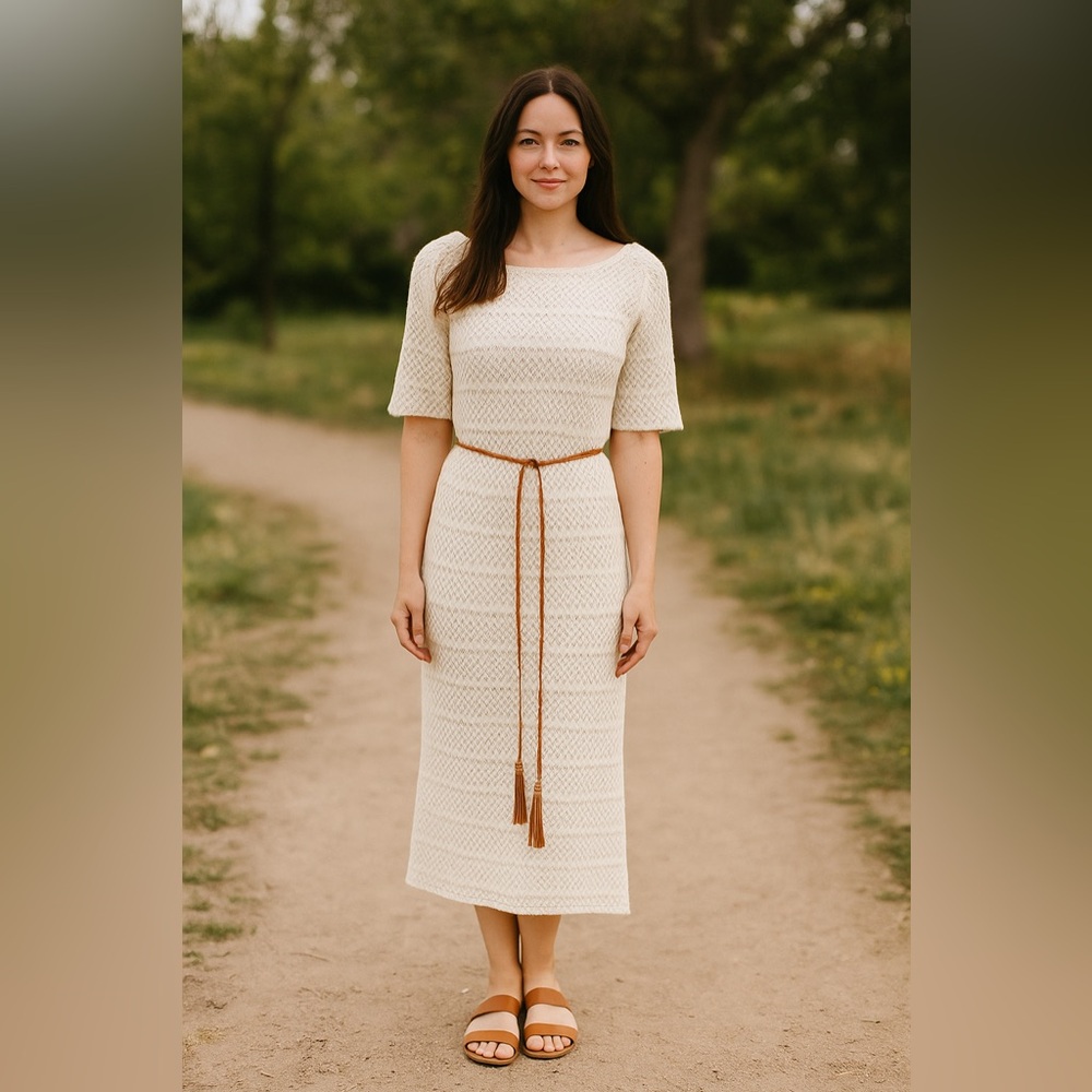 Cream Knit Midi Dress with Tassel Belt